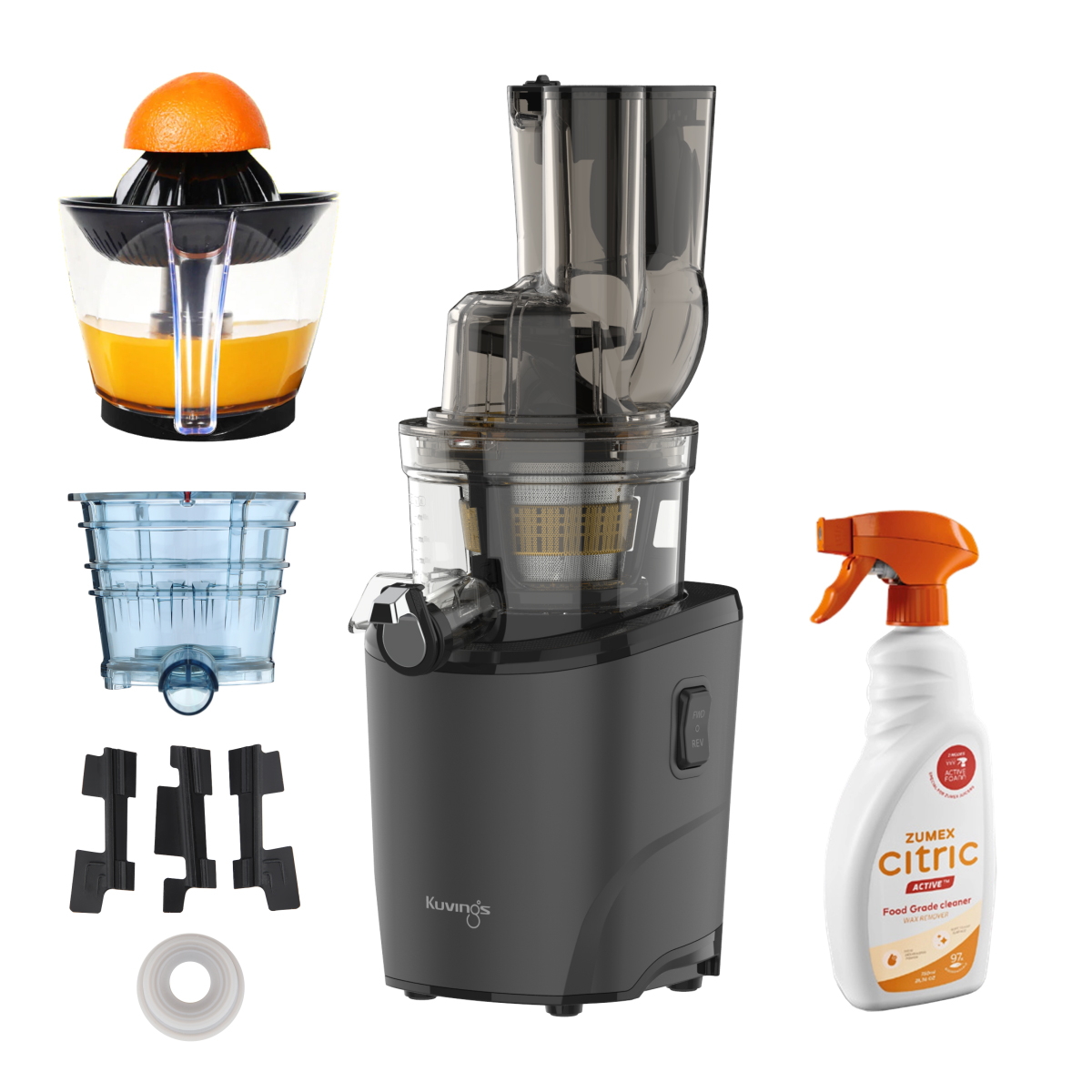 Kuvings REVO Premium set crni mat Kuvings REVO Premium set crni mat – sokovnik REVO830S s citrusetom, sitom za sladoled, rezervnim silikonima i Zumex Citric Active sredstvom za čišćenje